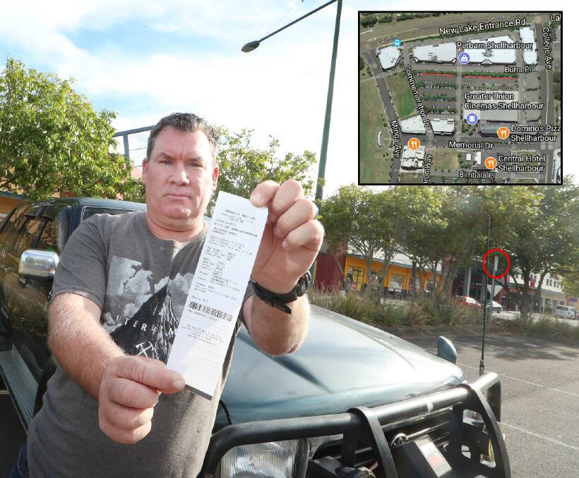 Bret Grenfell with the ticket he received in a section of the car park at Shellharbour City (red line on inset map). The frequent user hasn't been booked before and says nearby signs stating a one-hour limit (circled) are hard to see.