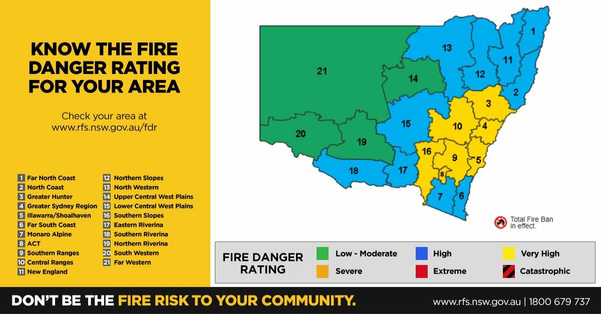 NSW fire danger ratings on Thursday. Picture: NSW Rural Fire Service