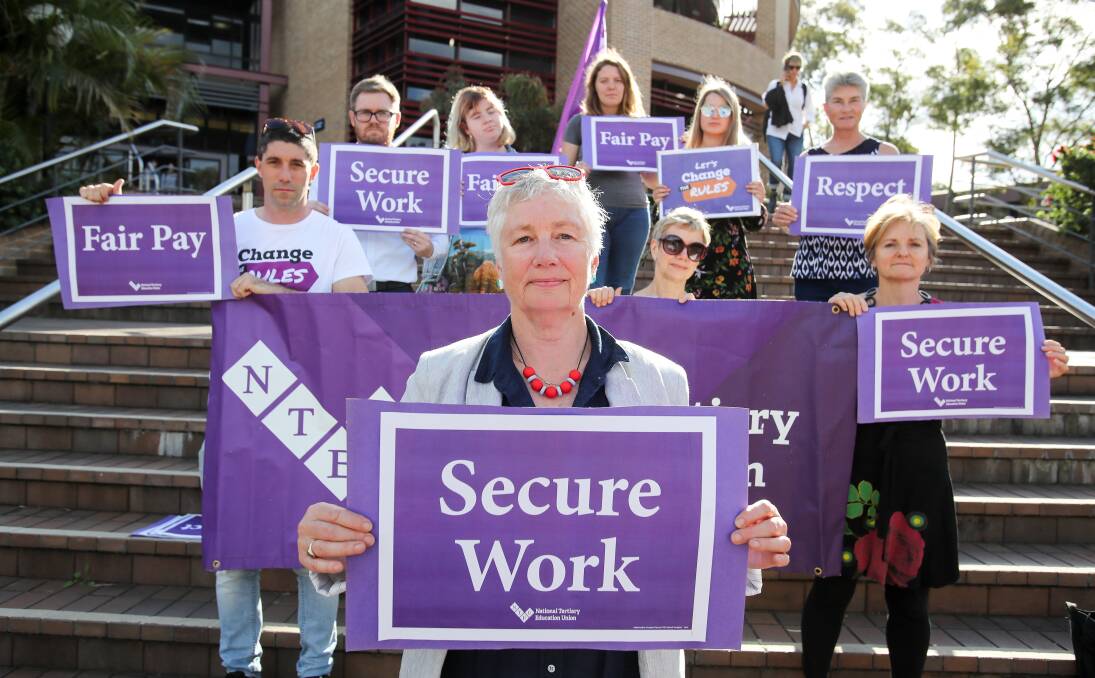 UOW branch president of the NTEU Georgine Clarsen with members at the University of Wollongong on Thursday. The union is fighting what it says is the university's agenda to strip staff of conditions. Picture: Adam McLean