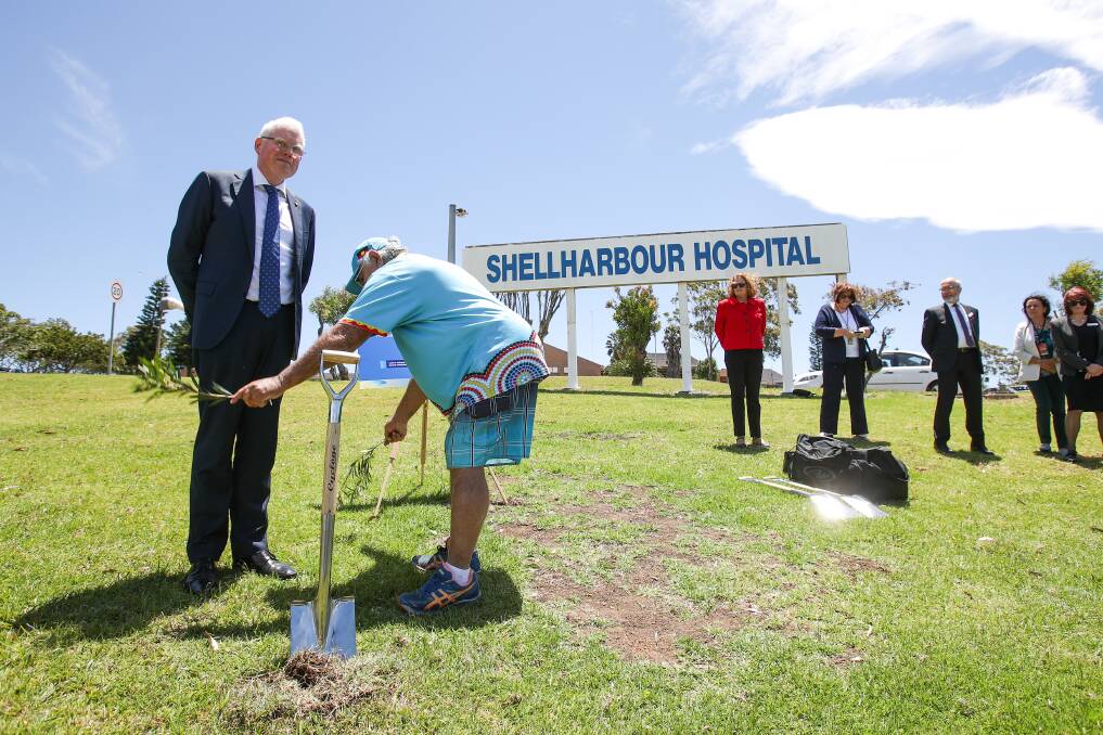 Parliamentary secretary for the Illawarra Gareth Ward (left) is welcomed to country by local elder Uncle Gerald Brown ​before turning the first sod on the Shellharbour Hospital redevelopment. Picture: Adam McLean