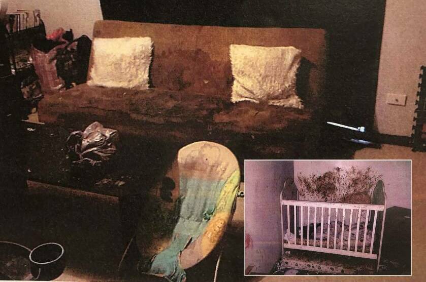 Police say they were overwhelmed by the presence of faeces and urine stains, including on this couch in the loungeroom and (inset) in the children's bedrooms.