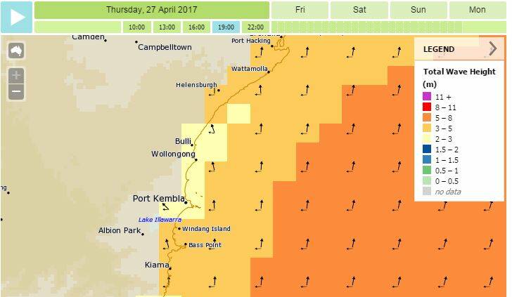 The total wave height forecast for the Illawarra coast at 7pm on Thursday. Source: Bureau of Meteorology MetEye 
