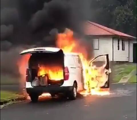 Flames engulf a mail van stolen from Horsley and dumped in Berkeley on November 28. Picture: Supplied