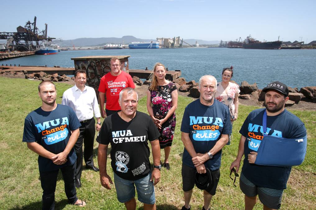 Seafarers (front) Bradley Thomson, Daniel Hicks, John Liebrand and Will Zisis with, (back) Wollongong MP Paul Scully, acting secretary of the MUA' southern NSW branch Mick Cross, Cunningham MP Sharon Bird and Shellharbour MP Anna Watson. Picture: Adam McLean