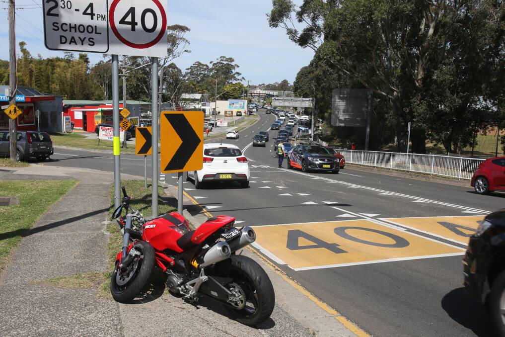 The scene of the motorcycle accident on the Princes Highway at Bulli on Saturday morning. Picture: Robert Peet