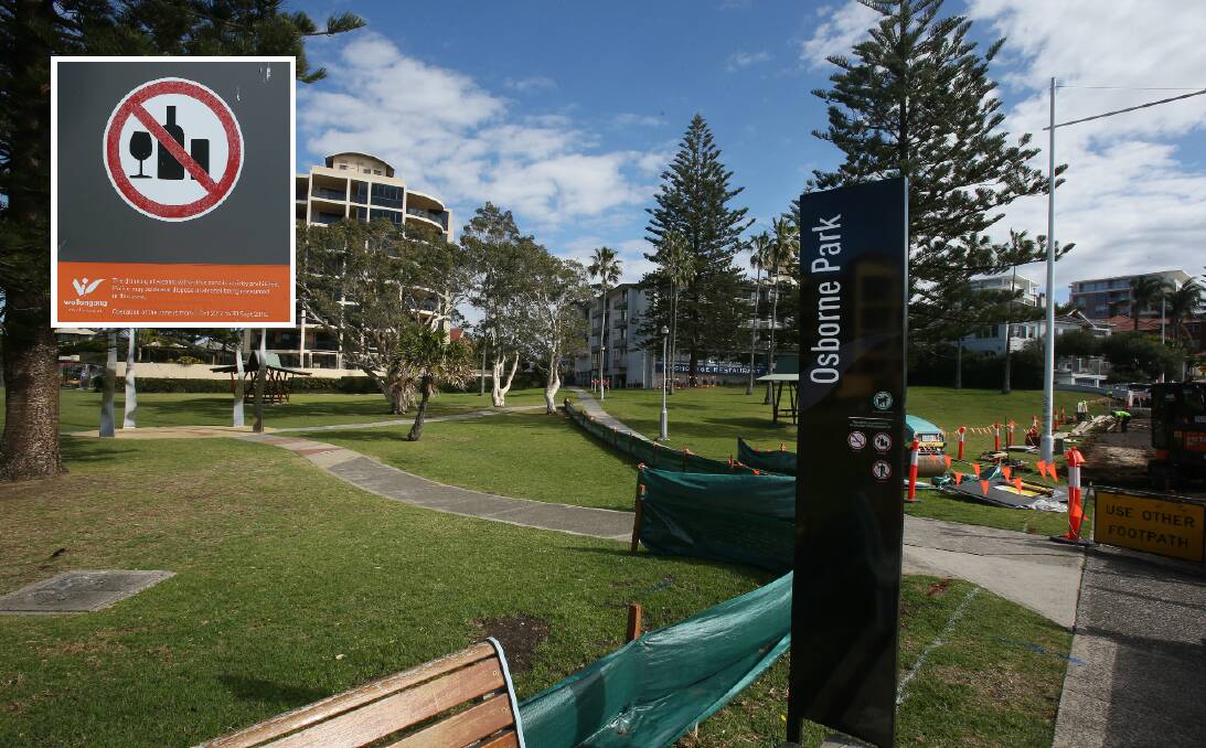 Wollongong City councillors have been urged to make Osborne Park, off Cliff Road near Wollongong Harbour, an “alcohol prohibited area”. Nearby roads and footpaths are already alcohol free zones (inset).