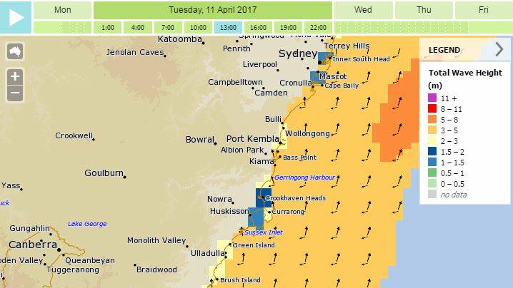 The Bureau of Meteorology's total wave height forecast for 1pm on Tuesday, showing waves of between three and five metres in some areas. 