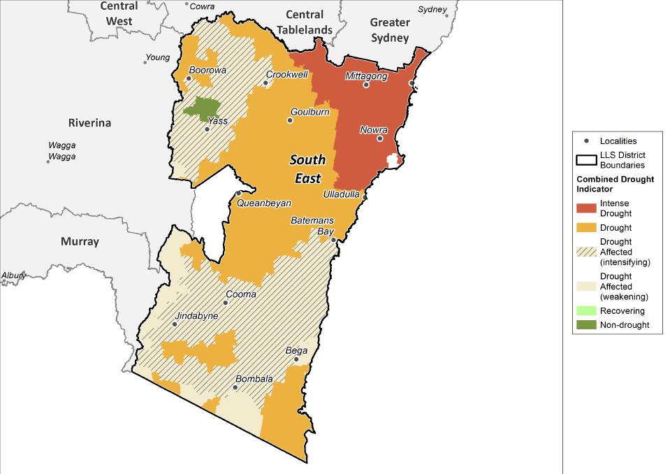A closer look at south eastern NSW on the Department of Primary Industries’ latest drought map.