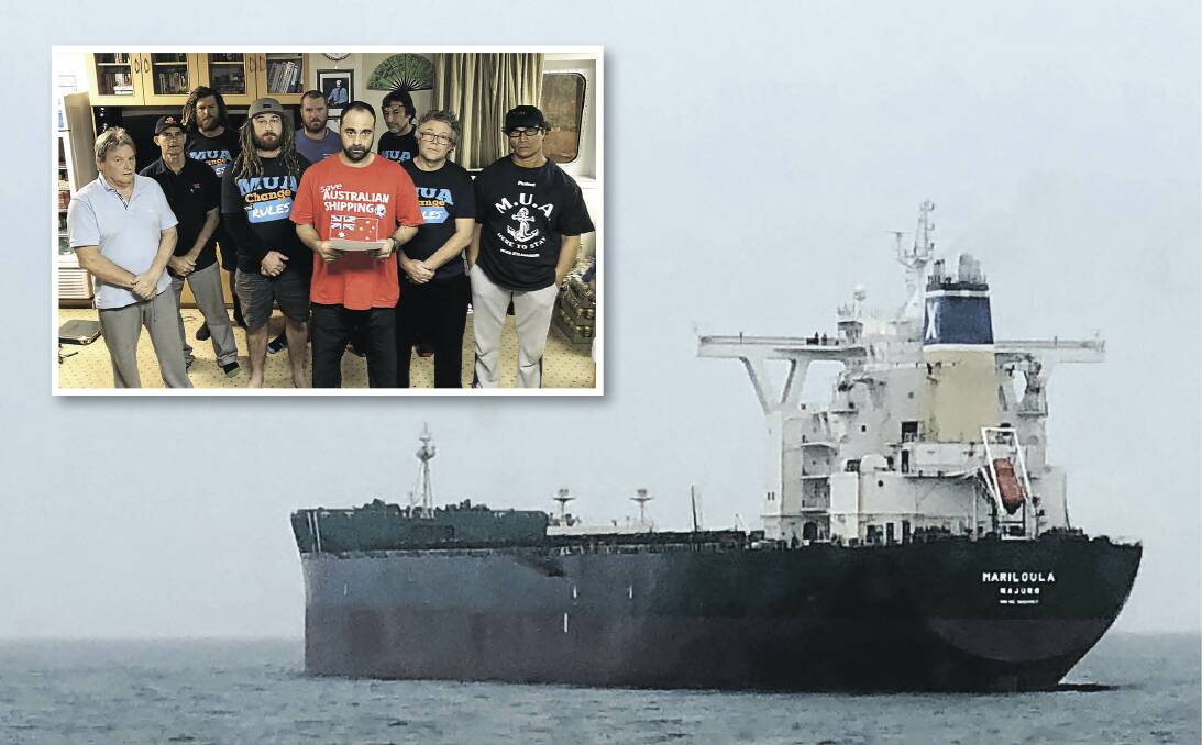 UNCERTAIN TIMES: The crew (inset) from the MV Mariloula, which is currently at anchor off Hong Kong (main image), have spoken of their uncertainty after BHP and BlueScope Steel terminated two shipping contracts. Pictures: Supplied