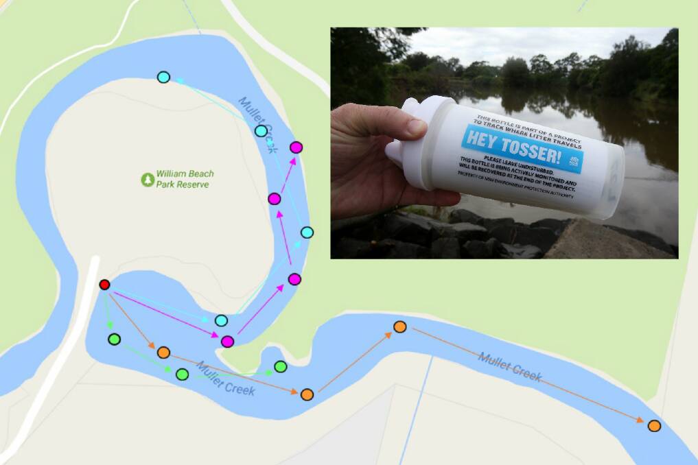 TRACKED: The movements of four plastic bottles (inset) in Mullet Creek during a month-long experiment. The bottles, released at William Beach Park Reserve, were GPS-tracked by the NSW EPA as part of its 'Hey Tosser!' campaign.