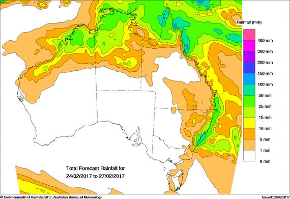 The Bureau of Meteorology's four-day rainfall forecast from Friday to Monday.  