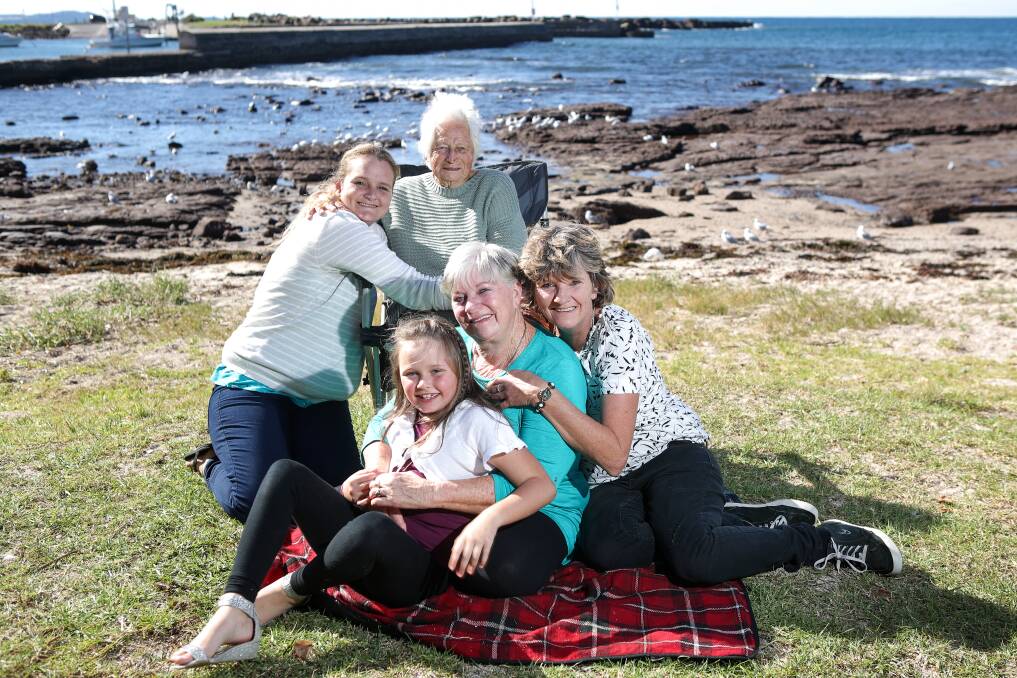 FIVE GENERATIONS: Kimberly Hone (left), 30, Teleah Hone, 8, Shirley Cecil, 86, 'May' Hall, 68, and Lisa Hall, 48, at Shellharbour. Picture: Adam McLean