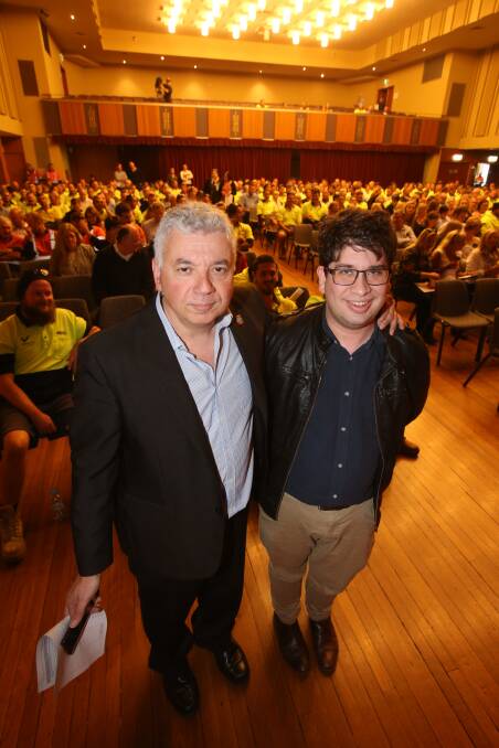 South Coast Labour Council's Arthur Rorris and United Services Union organiser Stuart Geddes at the Wollongong Town Hall on Tuesday. Picture: Robert Peet