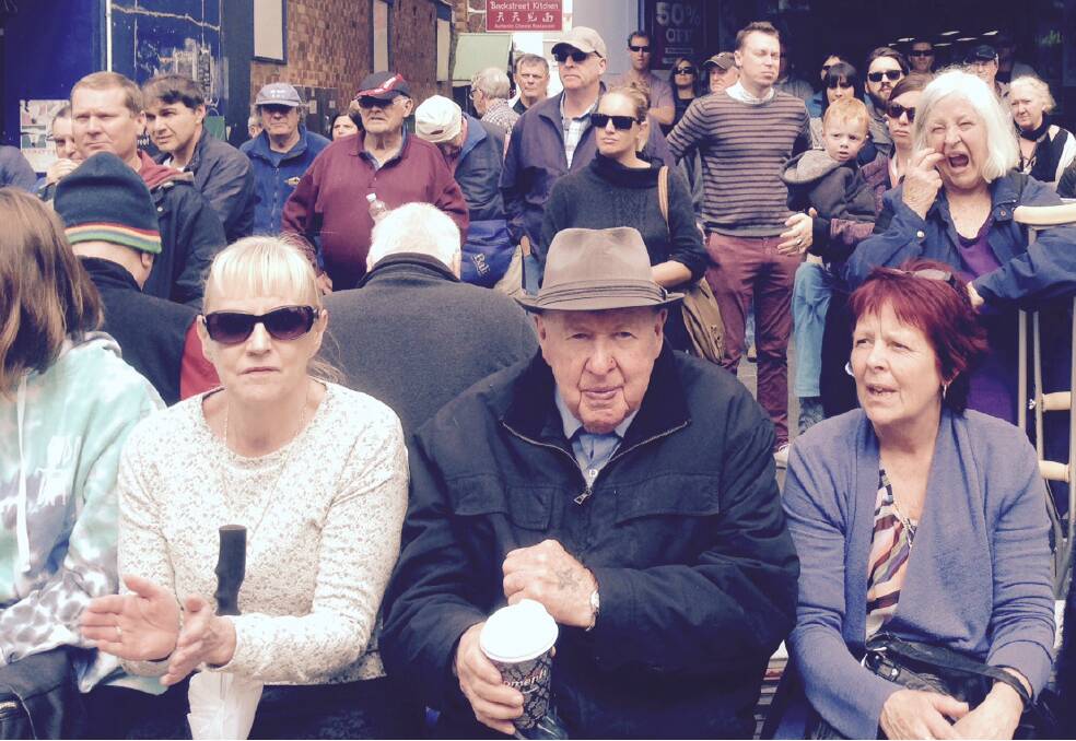 ON THE STREET: Thousands of people, including union stalwart Fred Moore (front, centre), filled the lower end of Wollongong’s Crown Street Mall for the September 19 Save Our Steel public rally. The 93-year-old said he wouldn’t have missed it. Picture: Kim Sattler.