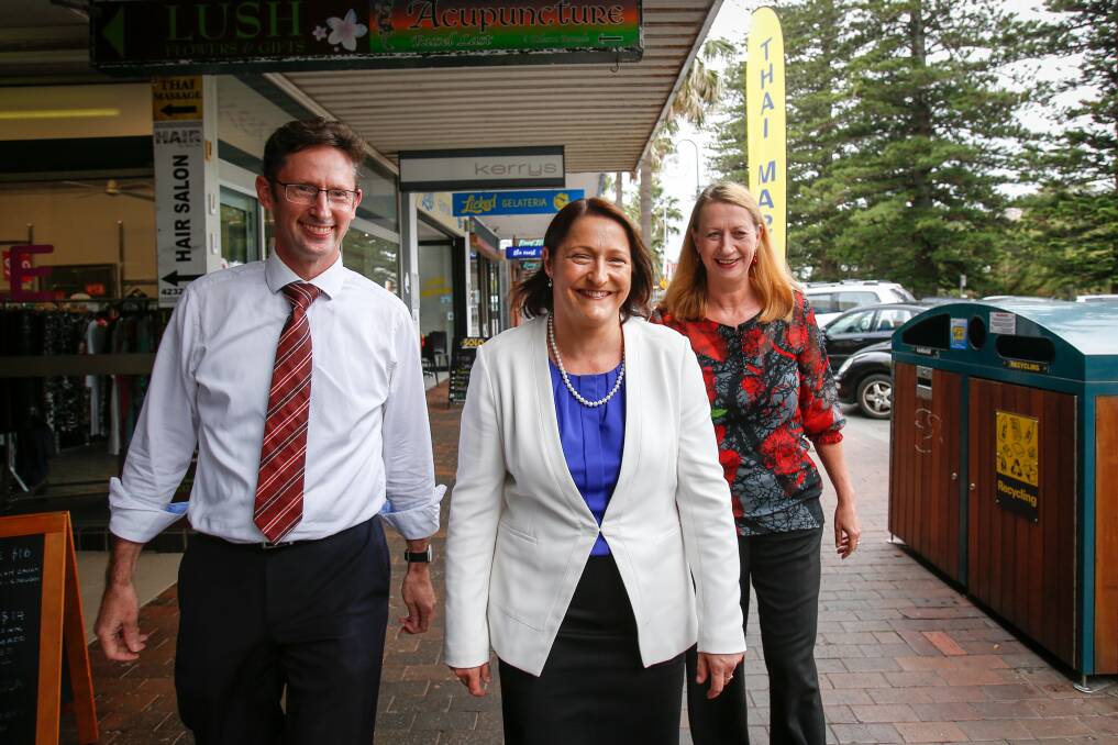 Labor's Gilmore candidate Fiona Phillips (centre), Member for Whitlam Stephen Jones and Cunningham MP Sharon Bird walk Kiama's main street in March. Picture: Adam McLean