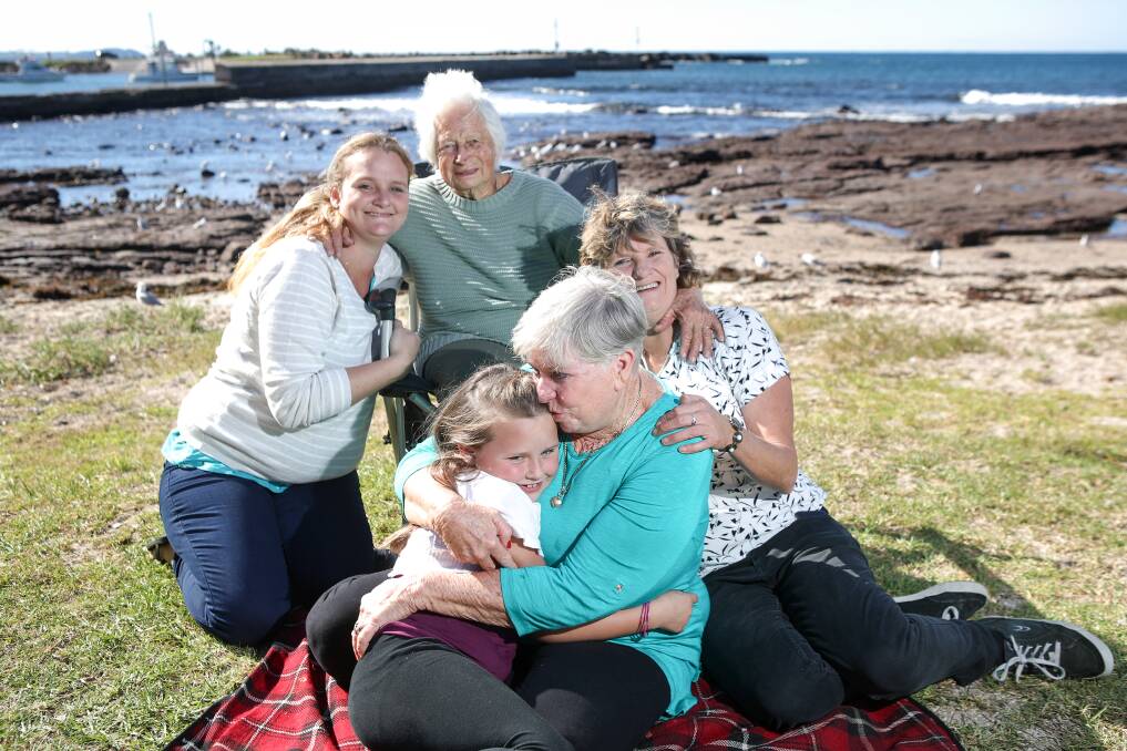 FIVE GENERATIONS: Kimberly Hone (left), 30, Teleah Hone, 8, Shirley Cecil, 86, 'May' Hall, 68, and Lisa Hall, 48, at Shellharbour. Picture: Adam McLean
