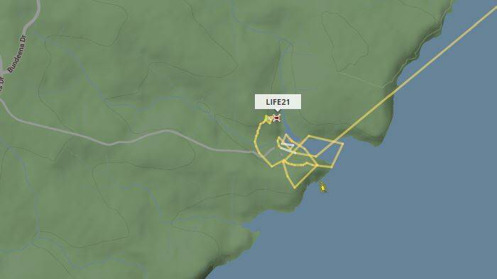 The Westpac Life Saver Rescue Helicopter and an Ambulance rescue helicopter over Wattamolla on Tuesday evening. Picture: FlightRadar24