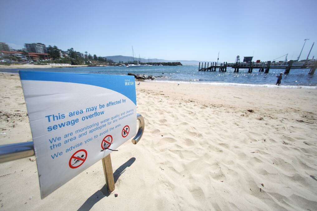A sign warns swimmers of a potential pollution hazard in Wollongong Harbour on Monday, after sewage was detected. Picture: Adam McLean