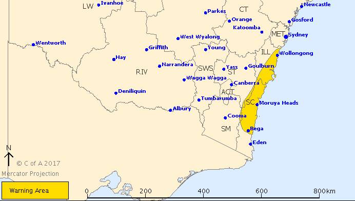 The area covered by the severe weather warning for heavy rainfall and damaging winds. Source: Bureau of Meteorology 

