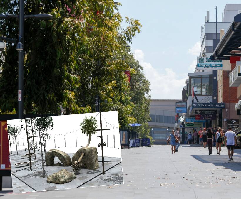 Installations of public art in the Crown Street Mall, such as a children's playground made from rocks (inset), form part of anti-terror measures, Wollongong's lord mayor Gordon Bradbery says. Picture: Adam McLean (main)