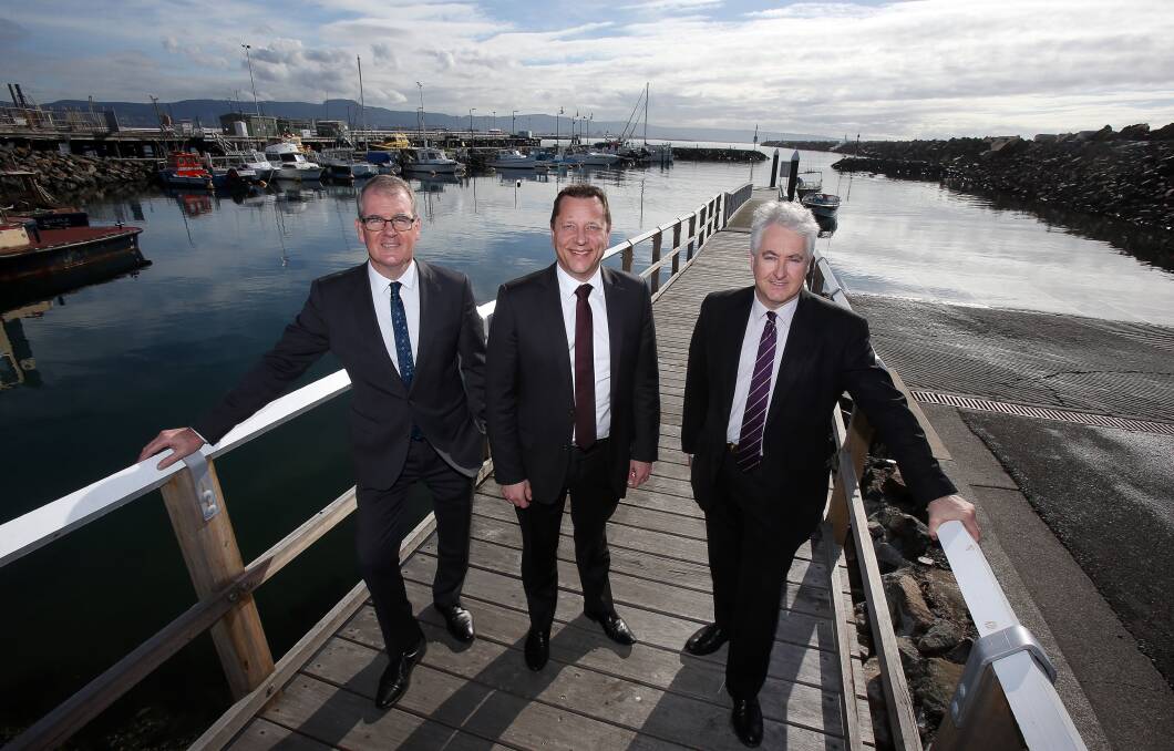 NSW Labor's deputy leader Michael Daley, Wollongong MP Paul Scully and industry, resources and energy spokesman Adam Searle at Port Kembla. Picture: Robert Peet