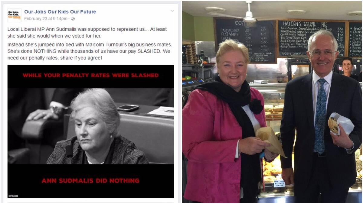 The CFMEU's Facebook post (left); and Gilmore MP Ann Sudmalis with Prime Minister Malcolm Turnbull at Hayden's Pies in Ulladulla, during a visit in June last year.