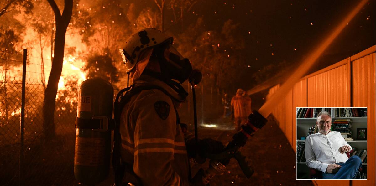 ABLAZE: Firefighters protect homes at Wattle Grove in Sydney on Saturday night. Inset: Professor Ross Bradstock. Main picture: Brendan Esposito