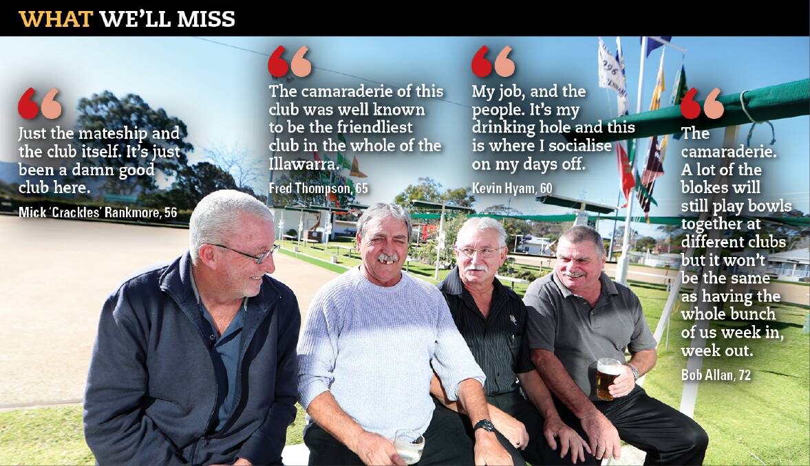 Mick ‘Crackles’ Rankmore (left), Fred Thompson, Kevin Hyam and Bob Allan reminisce about the Dapto Bowling Club, which shuts for good on Friday. Picture: Sylvia Liber