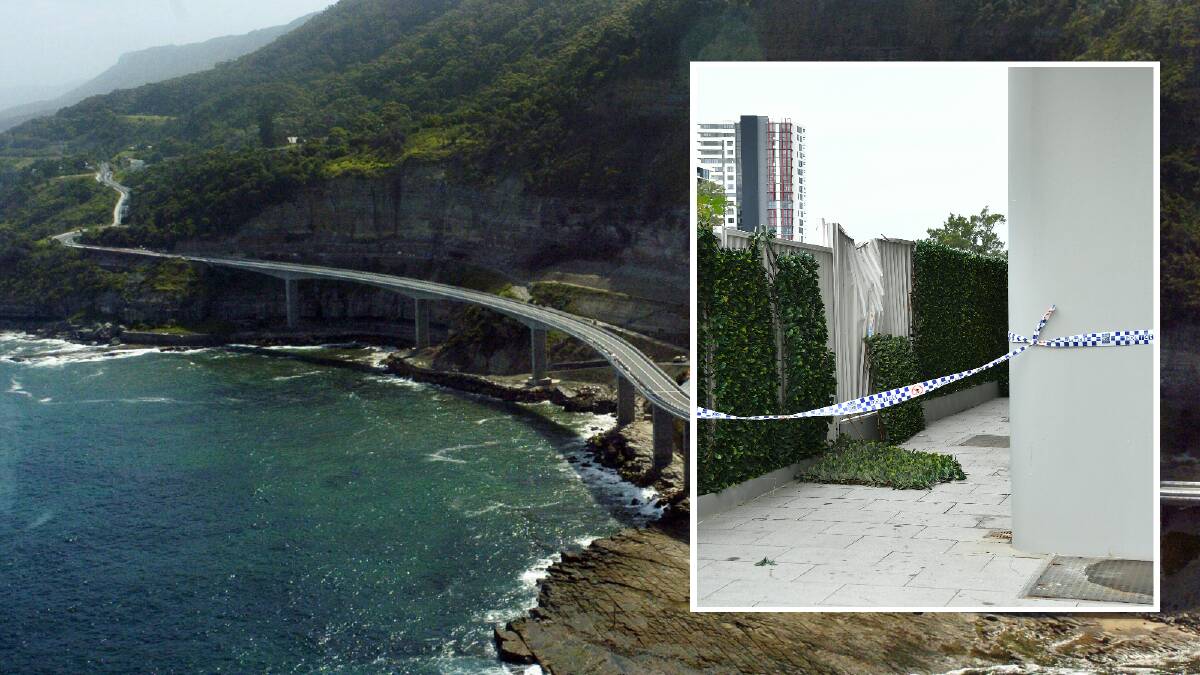 The Sea Cliff Bridge and the scene where a woman was found fatally injured at a unit block in Zetland (inset). Pictures: AAP