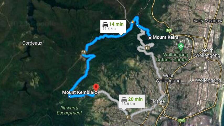 The 11.4 kilometre trip from Mount Keira to Mount Kembla, along Harry Graham Drive, is popular with motorbikers. Image by Google Earth