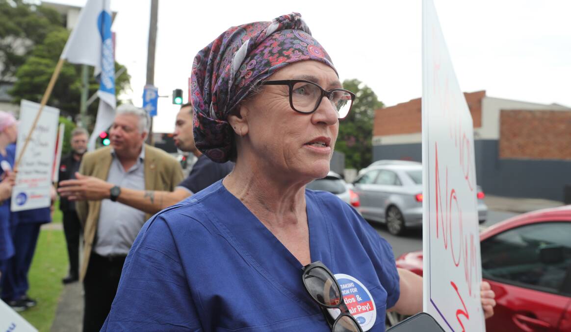 An emotional Marylouise Laxton, who is a nurse at Wollongong Day Surgery, said she worries about patient safety and the future of the profession. Picture by Robert Peet