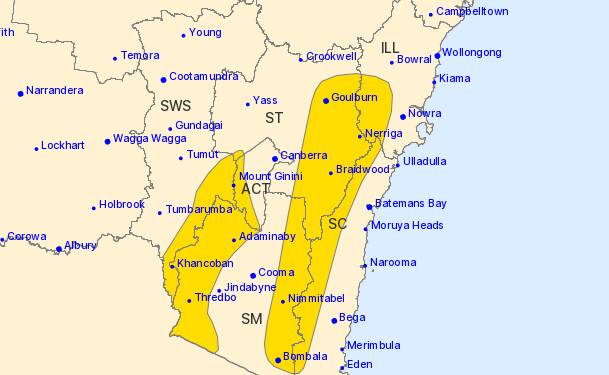 The warning area (in yellow) for damaging winds on Friday, September 8. Image by Bureau of Meteorology 