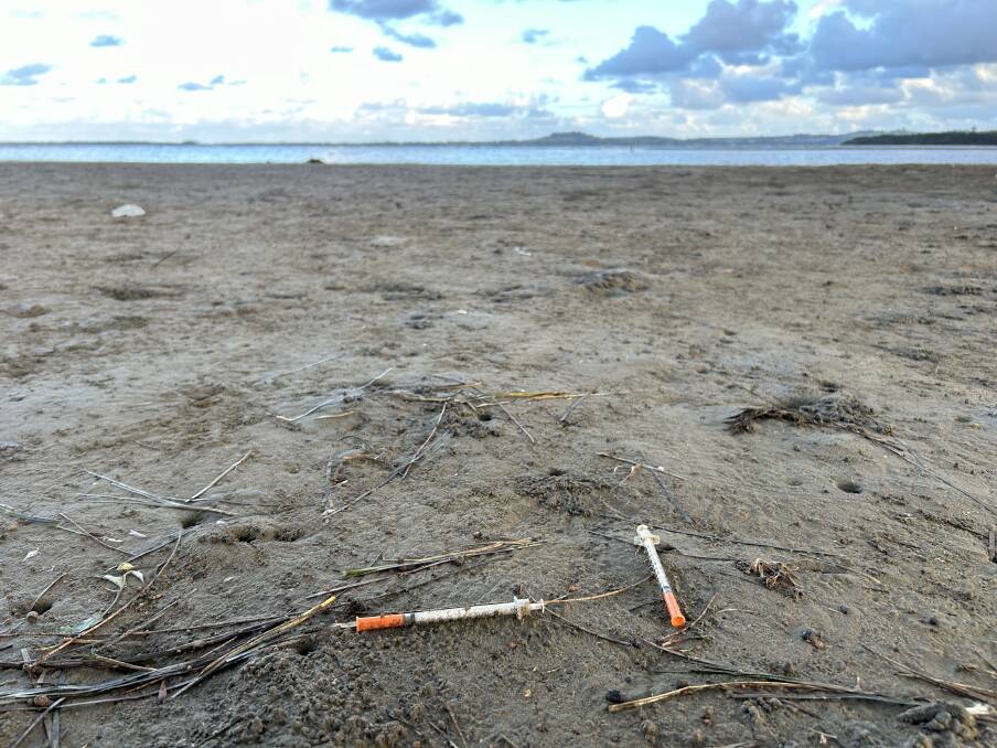 Syringes, sharps containers, swabs and medical waste was found along the Lake Illawarra waterline at Kanahooka. Pictures by Nadine Morton, Sylvia Liber