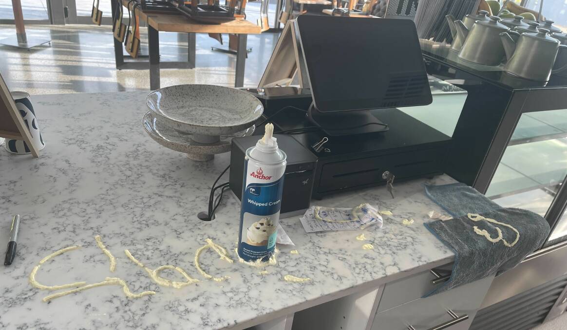 Writing in whipped cream was left by intruders during a break and enter at Batch 10 cafe at Albion Park Rail on Tuesday, January 2, 2024. Pictures supplied