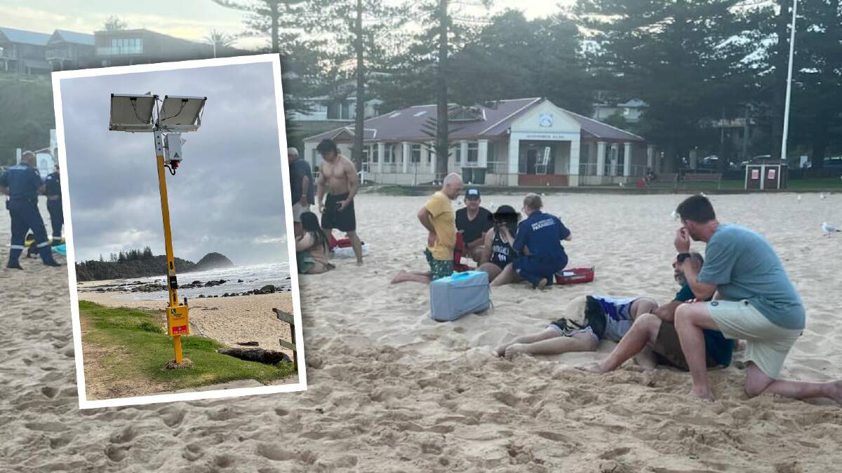 Austinmer Beach lifesavers treating eight people after a mass rescue on December 11, 2023 and (inset) an emergency response beacon at a NSW Beach. Picture (main) by Austinmer Surf Life Saving Club, (inset) Liz Langdale