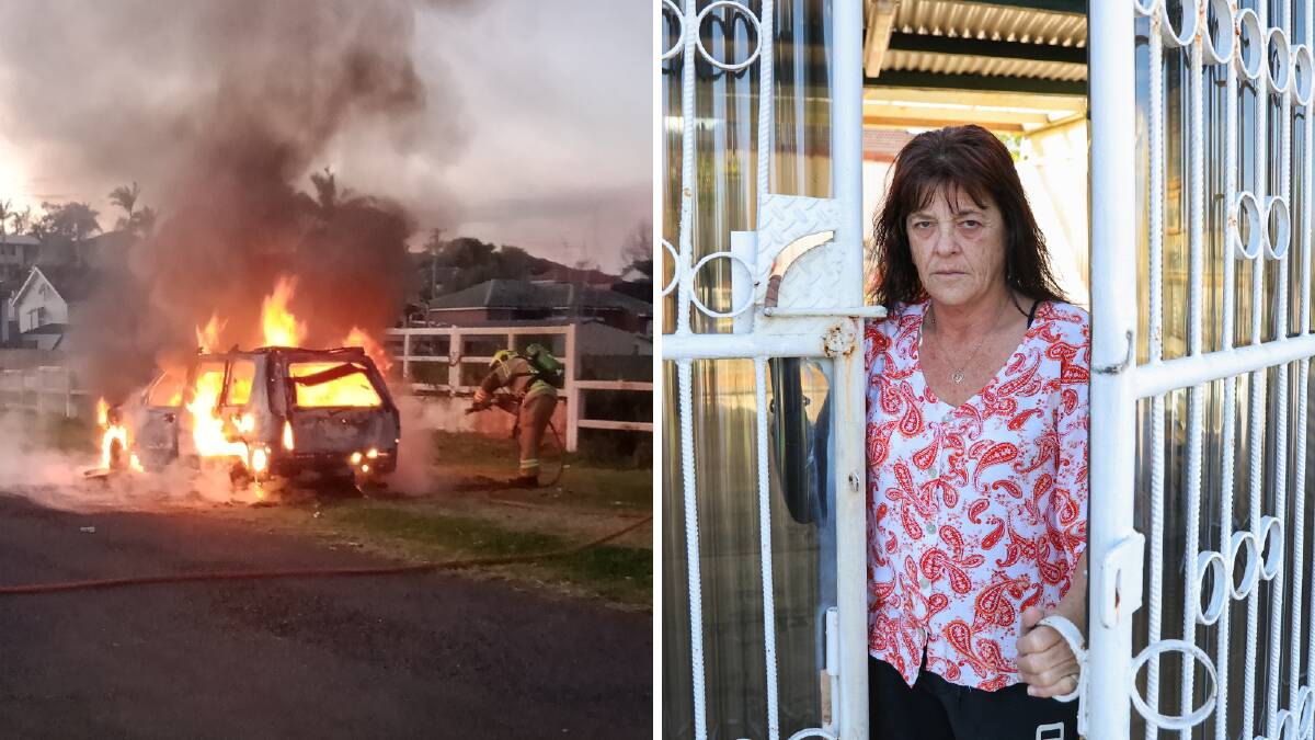 Berkeley resident Simona Andreini's partner's car was stolen and torched (pictured on left) on August 11, 2023. Pictures by FRNSW, Wesley Lonergan