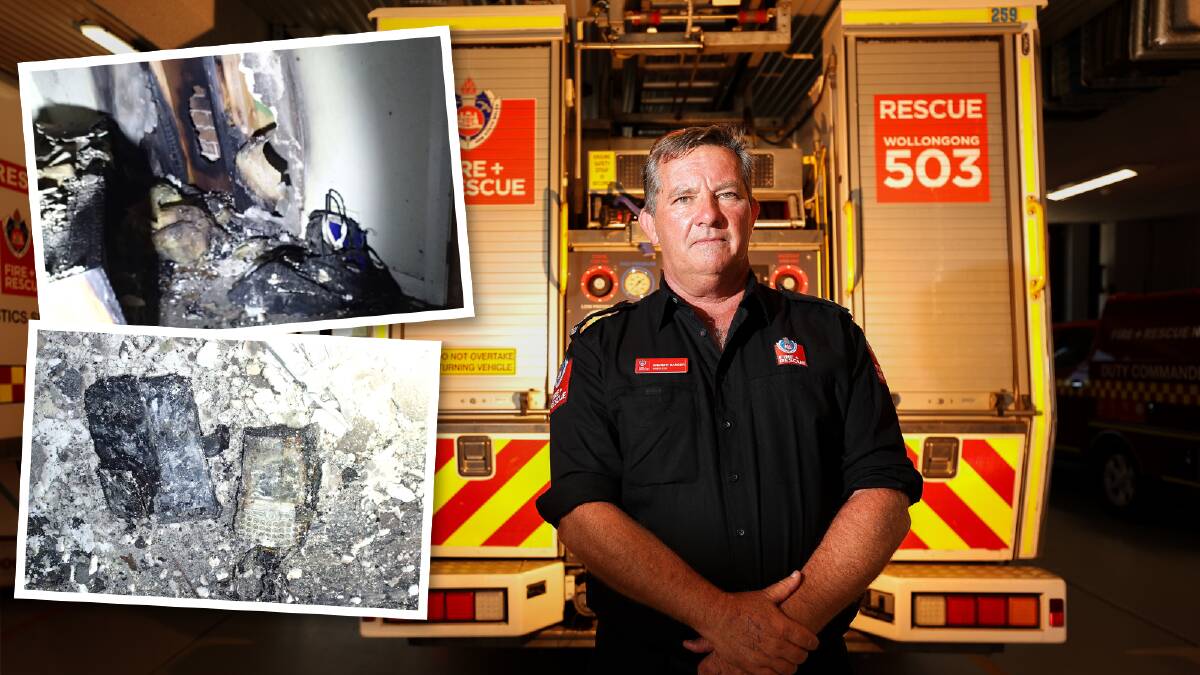 Fire and Rescue NSW Inspector Andrew Barber with (inset) damage caused to a Coniston home after a device left charging erupted in flames overnight on November 20. Picture Adam McLean