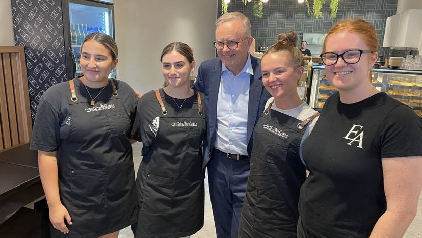 Prime Minister Anthony Albanese paid cash when he bought a pie at Kiama's Earnest Arthur in February, 2023. He is pictured with bakery staff. Picture by Nadine Morton