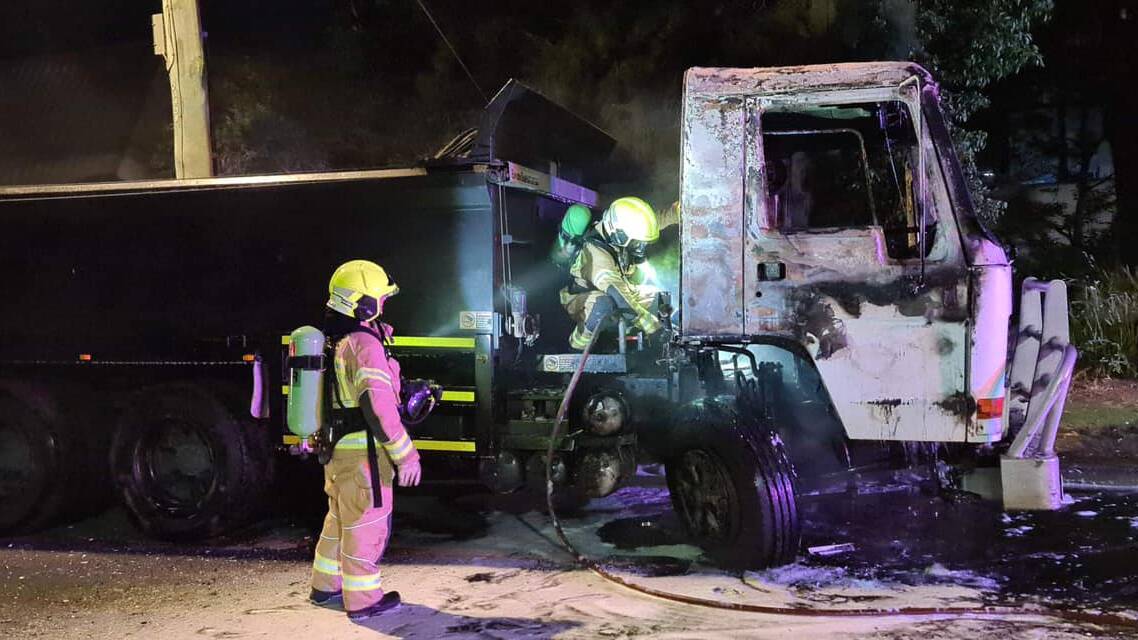 The cabin of a tipper truck was destroyed by fire during a late night blaze in Unanderra. Picture by Fire and Rescue NSW Warrawong