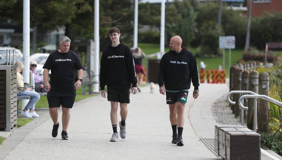 Talk2MeBro custodians Brad Romaniszyn, Isaac Neary and Beni Brown walking along the Wollongong Harbour foreshore. Picture by Robert Peet