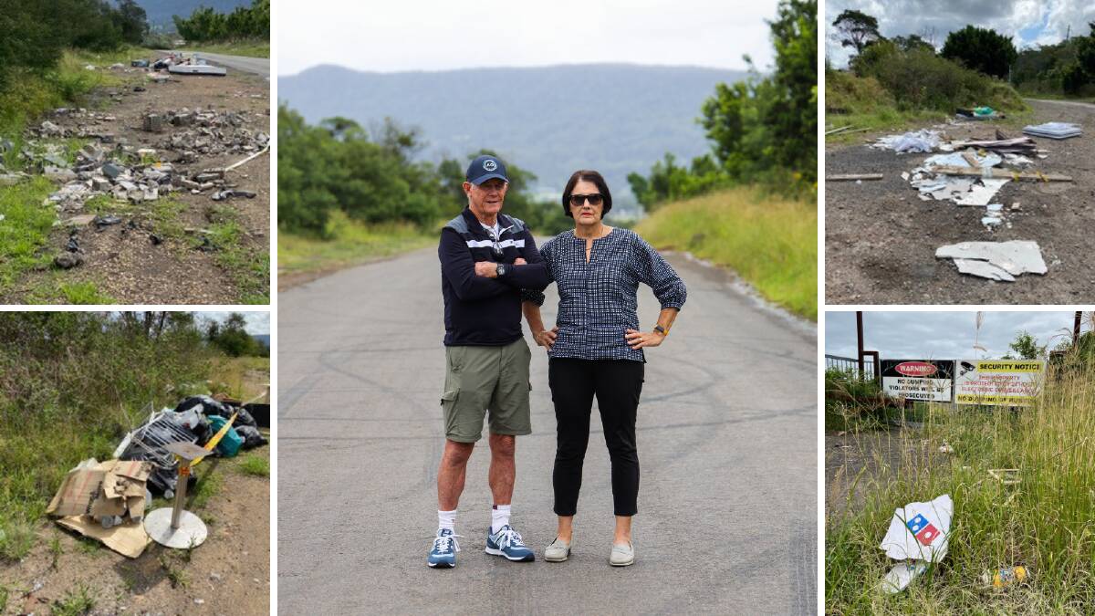 Graeme and Elena Phillips are among those calling for council to act on illegal dumping along the Wyllie Road entrance to Wollongong Lawn Cemetery. Main picture by Wesley Lonergan