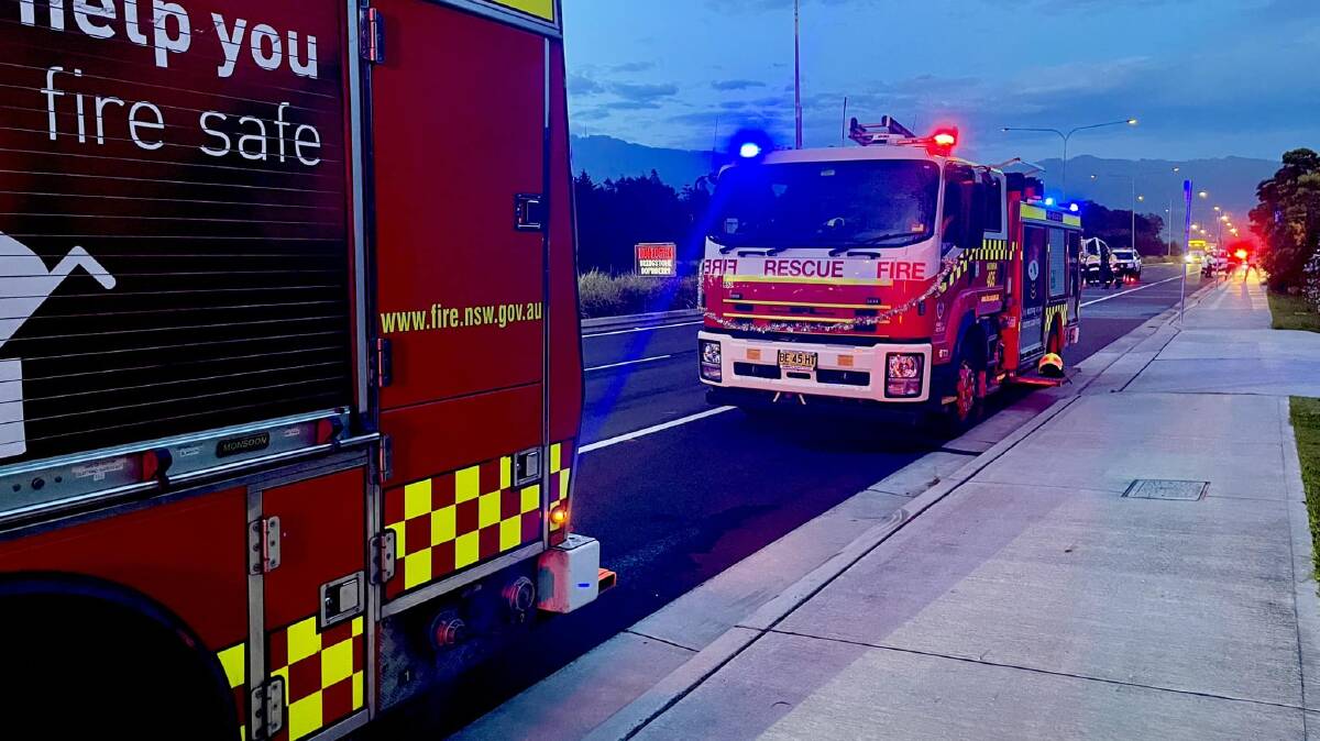 Multiple fire trucks at the scene of the crash on Princes Highway near Bomaderry on Thursday, December 7. Picture by FRNSW Nowra