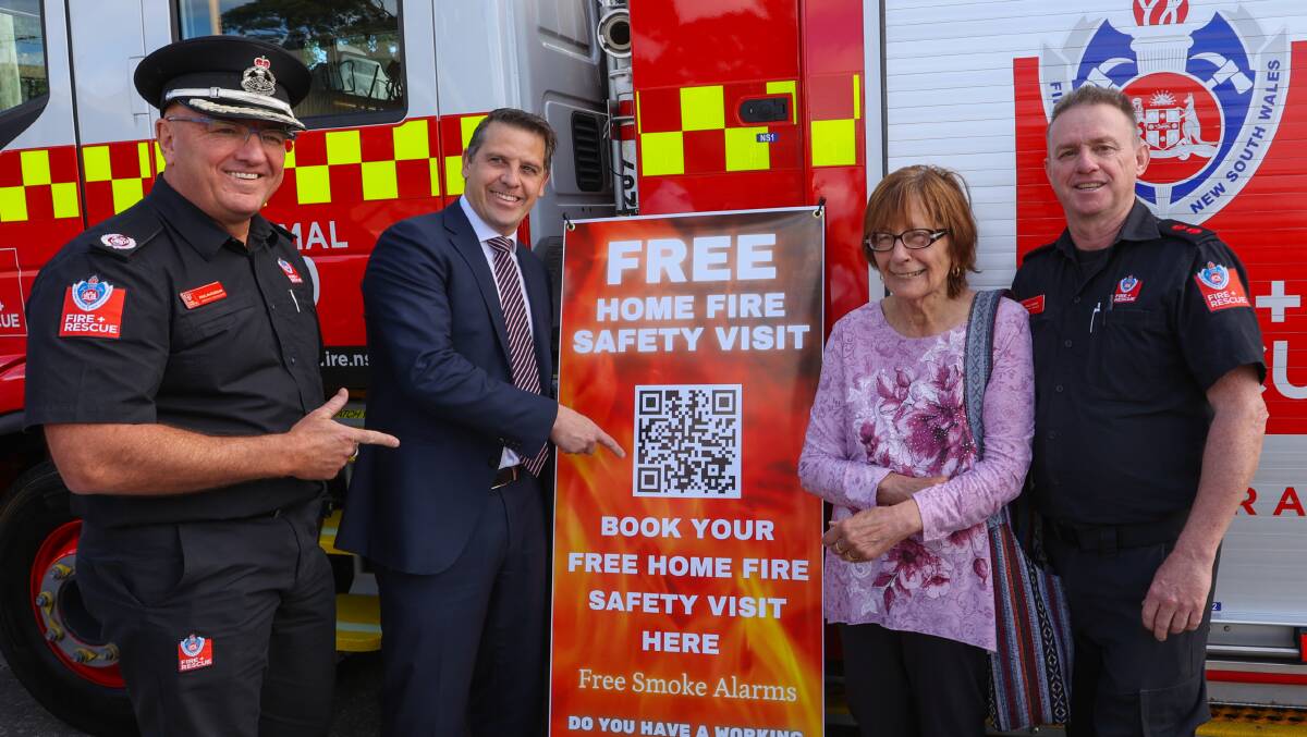 Fire and Rescue NSW Assistant Commissioner Paul McGuiggan, Health Minister Ryan Park, Gina Zammit and Corrimal Station Captain Paul Dorin. Picture by Wesley Lonergan.