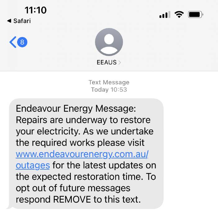 Many customers are receiving this text from Endeavour Energy. Picture by Nadine Morton