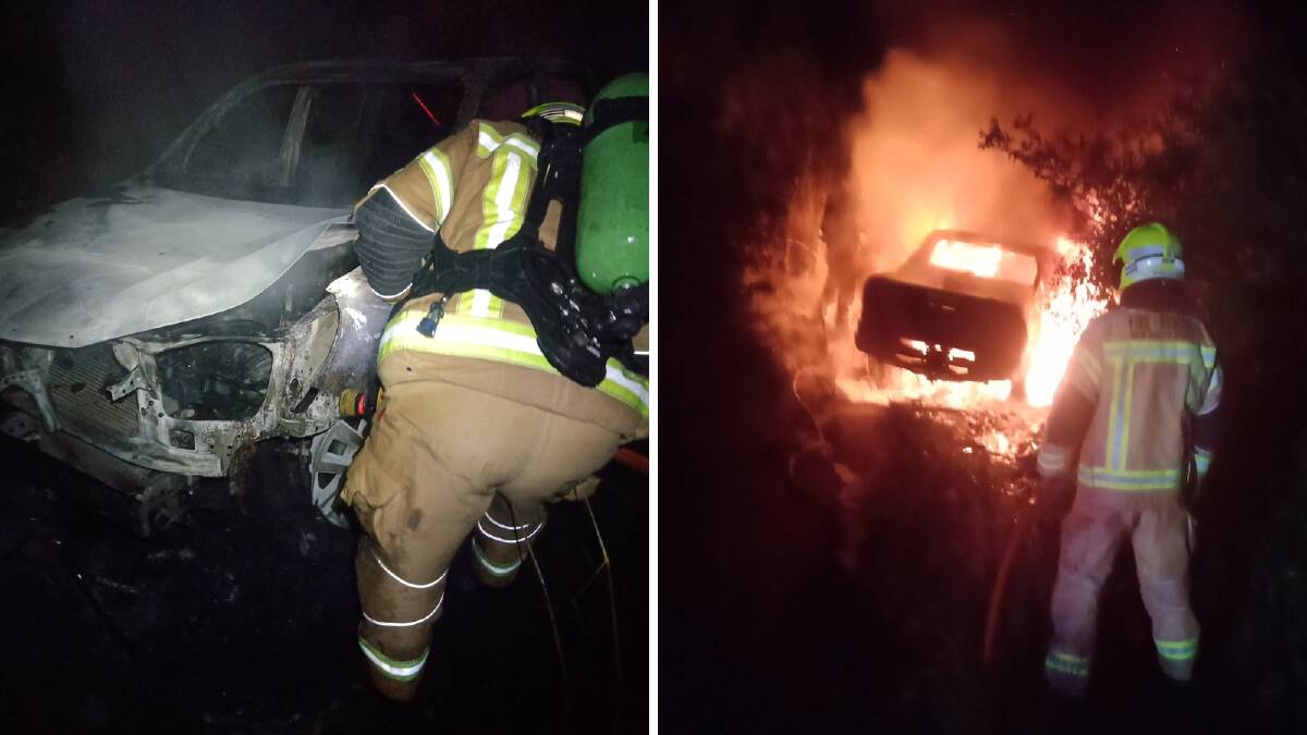 Firefighters were called to a stolen car that was set alight on Wyllie Road on March 14, 2023. Pictures by Fire and Rescue NSW Dapto