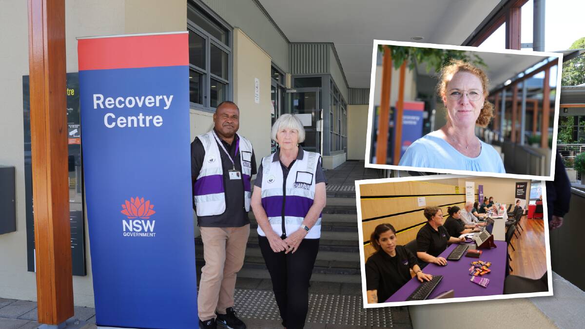 Chaplains Alosio Waininau and Janice Ackland, and (insets) Coaldale resident Simone Pearsall, and representatives at the Recovery Assistance Point in Thirroul on Thursday, April 11, 2024. Pictures by Sylvia Liber