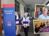 Chaplains Alosio Waininau and Janice Ackland, and (insets) Coaldale resident Simone Pearsall, and representatives at the Recovery Assistance Point in Thirroul on Thursday, April 11, 2024. Pictures by Sylvia Liber
