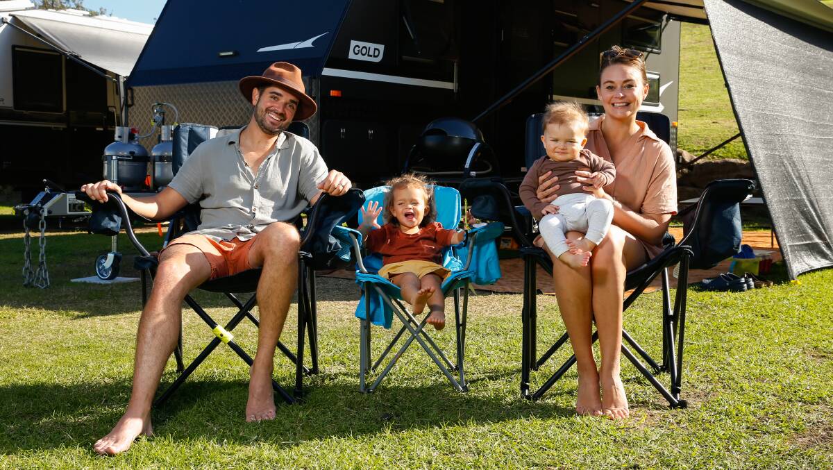 Figtree couple Chris and Lauren Malliate are about to head off on a 12-month family caravan trip around Australia with their two children Elijah, 2, and Xavier, 8 months. Picture by Anna Warr