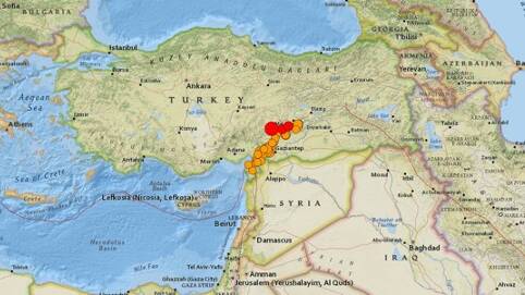 Map showing where the earthquake struck (in red) and aftershocks (in yellow). Image by USGS Turkey Syria Quakes