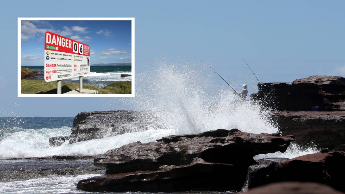 Windang Island was the site of a rock fisher drowning, while (inset) the toll of deaths is marked on a sign at Port Kembla's Hill 60. Pictures by Sylvia Liber